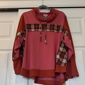 POL Red and Pink Plaid Sweatshirt